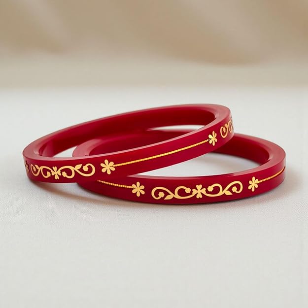 22kt (916) Yellow Gold Handmade Red Pola Bangles Flower Design for Women with Purity Certificate (Set of 2pcs)