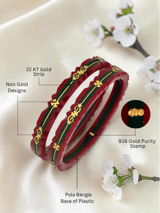 22kt (916) Yellow Gold Handmade Pola Bangles Red and Green Colour|Chooda|Churas for Women with Purity Certificate