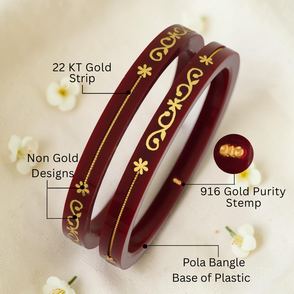 22kt (916) Yellow Gold Handmade Red Pola Bangles Flower Design for Women with Purity Certificate (Set of 2pcs)