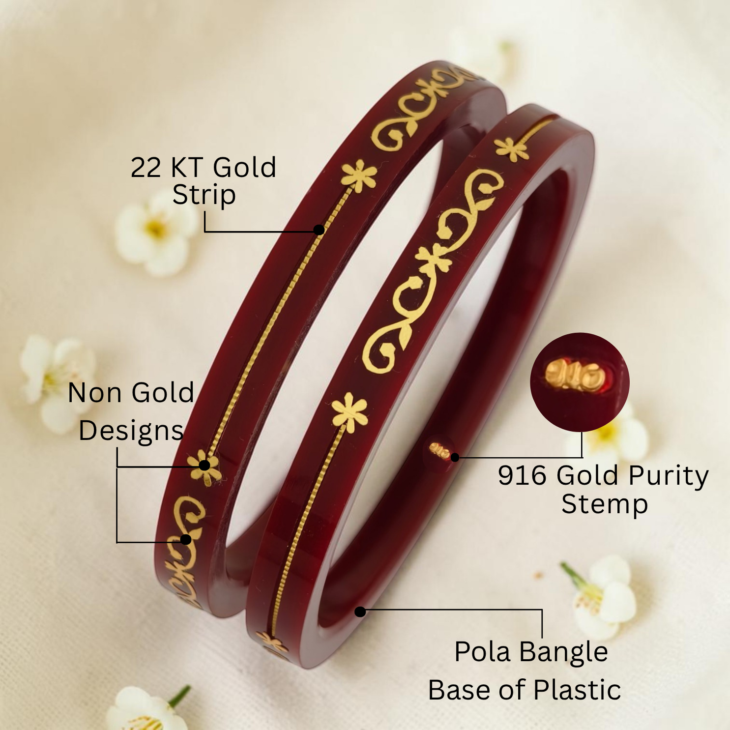 22kt (916) Yellow Gold Handmade Red Pola Bangles Flower Design for Women with Purity Certificate (Set of 2pcs)