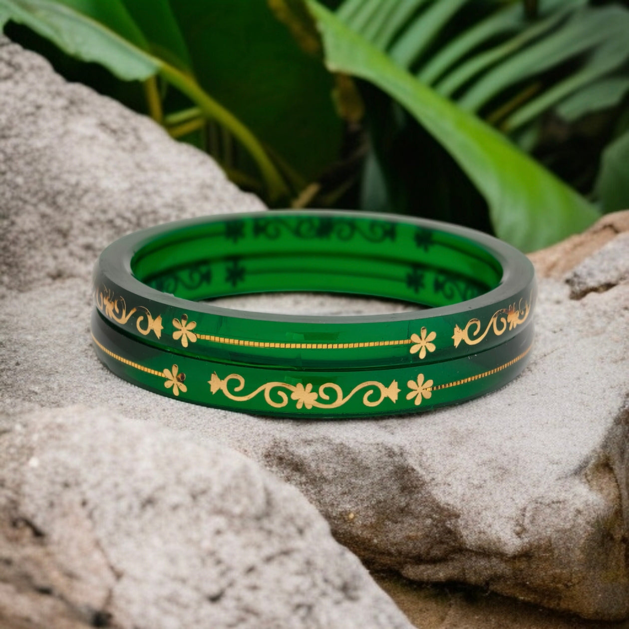 22kt (916) Yellow Gold Handmade Transparent Green Pola Bangles Flower Design for Women with Purity Certificate (Set of 2pcs)