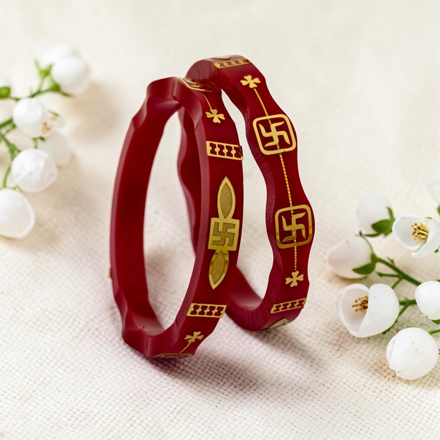 22kt (916) Yellow Gold Handmade Red Pola Bangles Flower Design for Women with Purity Certificate (Set of 2pcs)