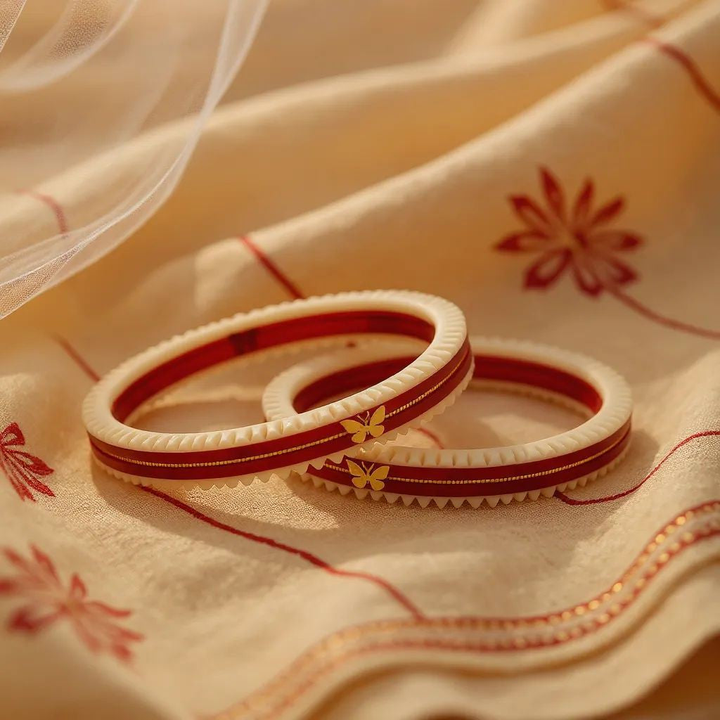 22kt (916) Yellow Gold Handmade Red And Cream Pola Bangles Flower Design for Women with Purity Certificate (Set of 2pcs)