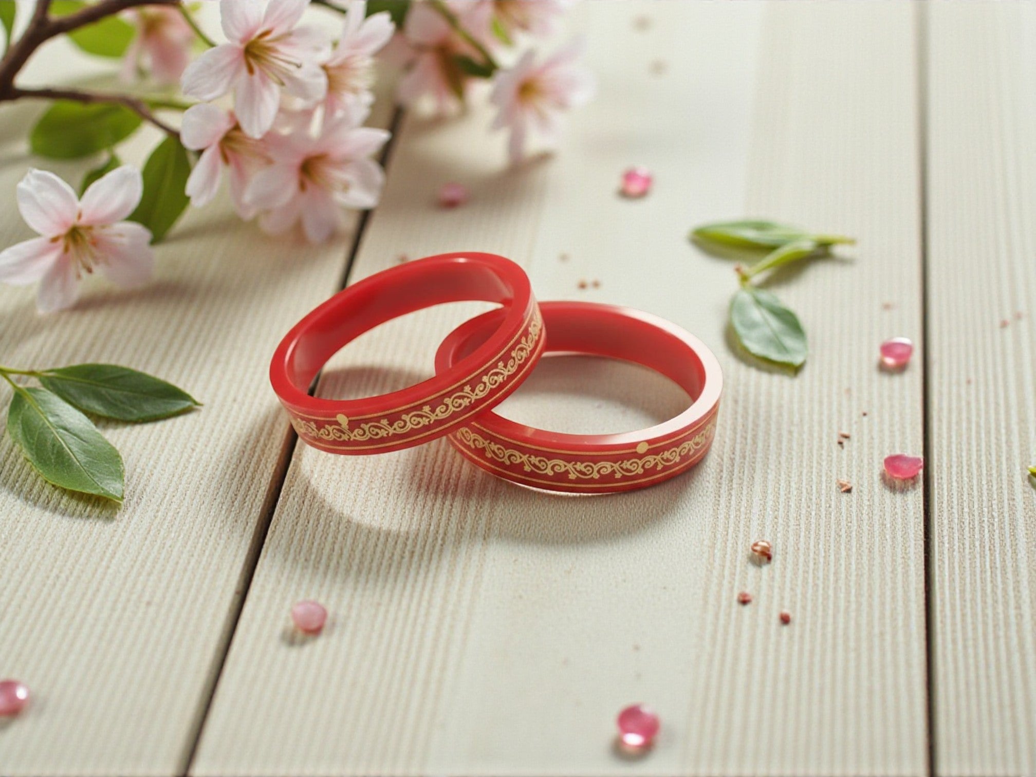 22kt (916) Yellow Gold Handmade Red Pola Bangles Flower Design for Women with Gold Purity Certificate (Set of 2pcs)