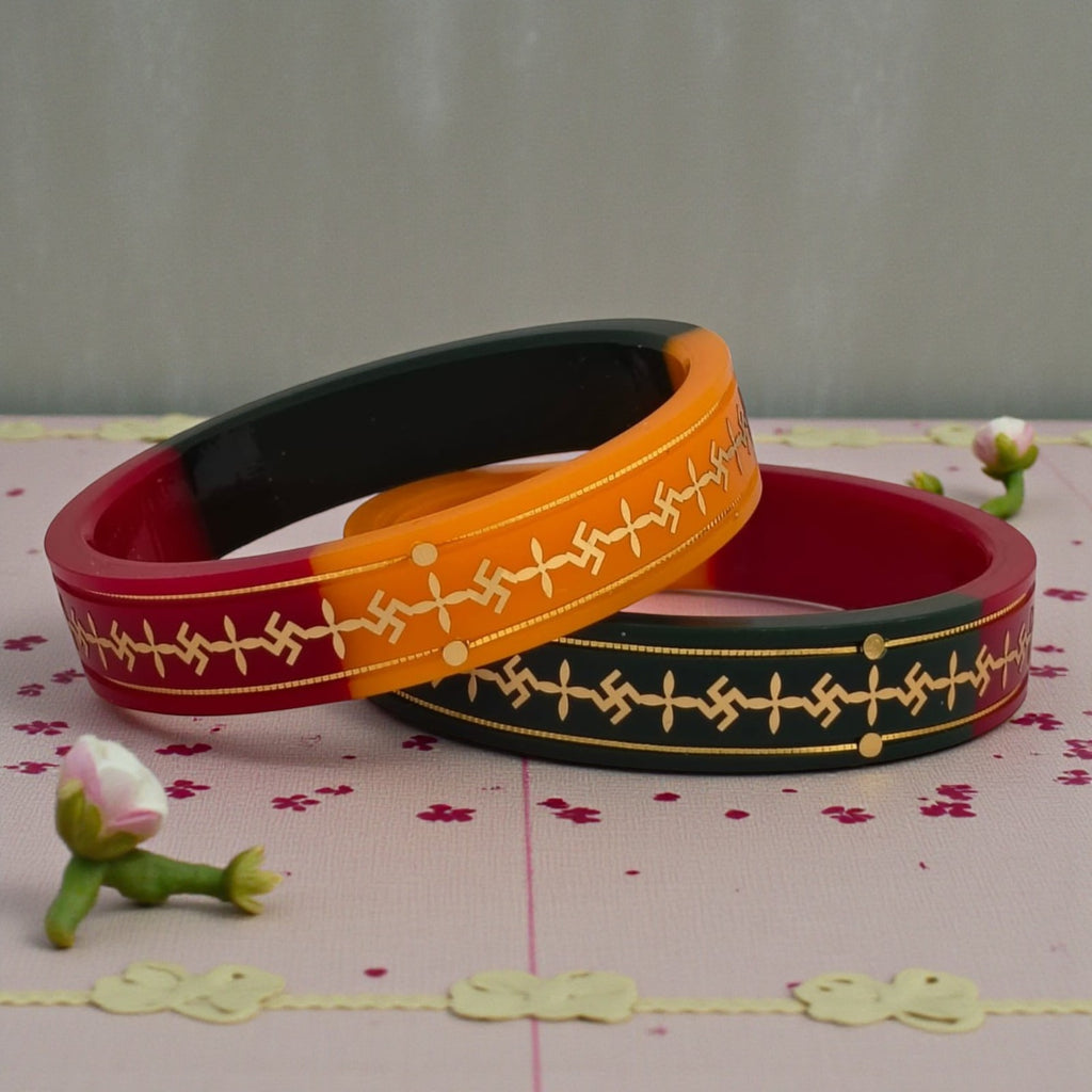 22kt (916) Yellow Gold Handmade Multicolor Pola Bangles Flower Design for Women with Purity Certificate ((Multicolor Mono Swastik,Set of 2pcs)