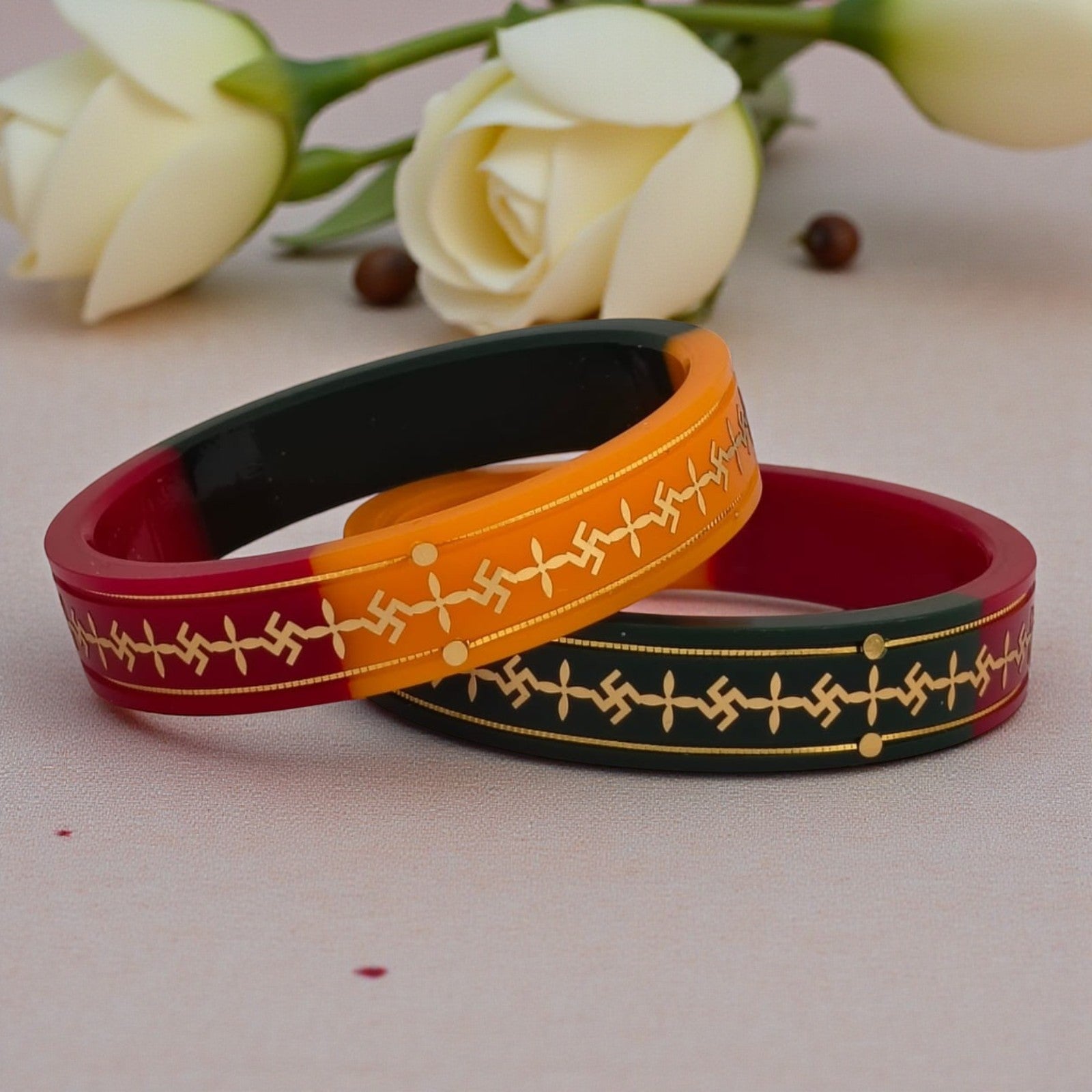 22kt (916) Yellow Gold Handmade Multicolor Pola Bangles Flower Design for Women with Purity Certificate ((Multicolor Mono Swastik,Set of 2pcs)