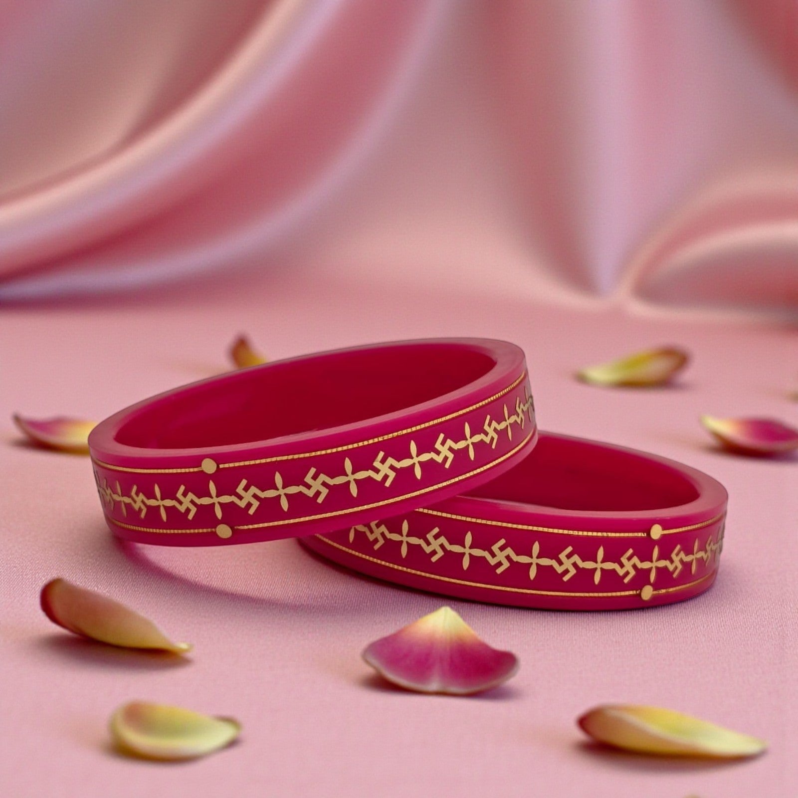 22kt (916) Yellow Gold Handmade Pink Pola Bangles Flower Design for Women with Purity Certificate ((Pink Mono Swastik,Set of 2pcs)
