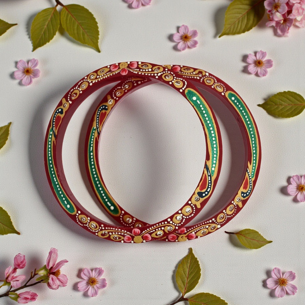 22kt (916) Yellow Gold Handmade Jodhpuri Printed Red Pola Bangles Flower Design for Women with Purity Certificate (Set of 2pcs)