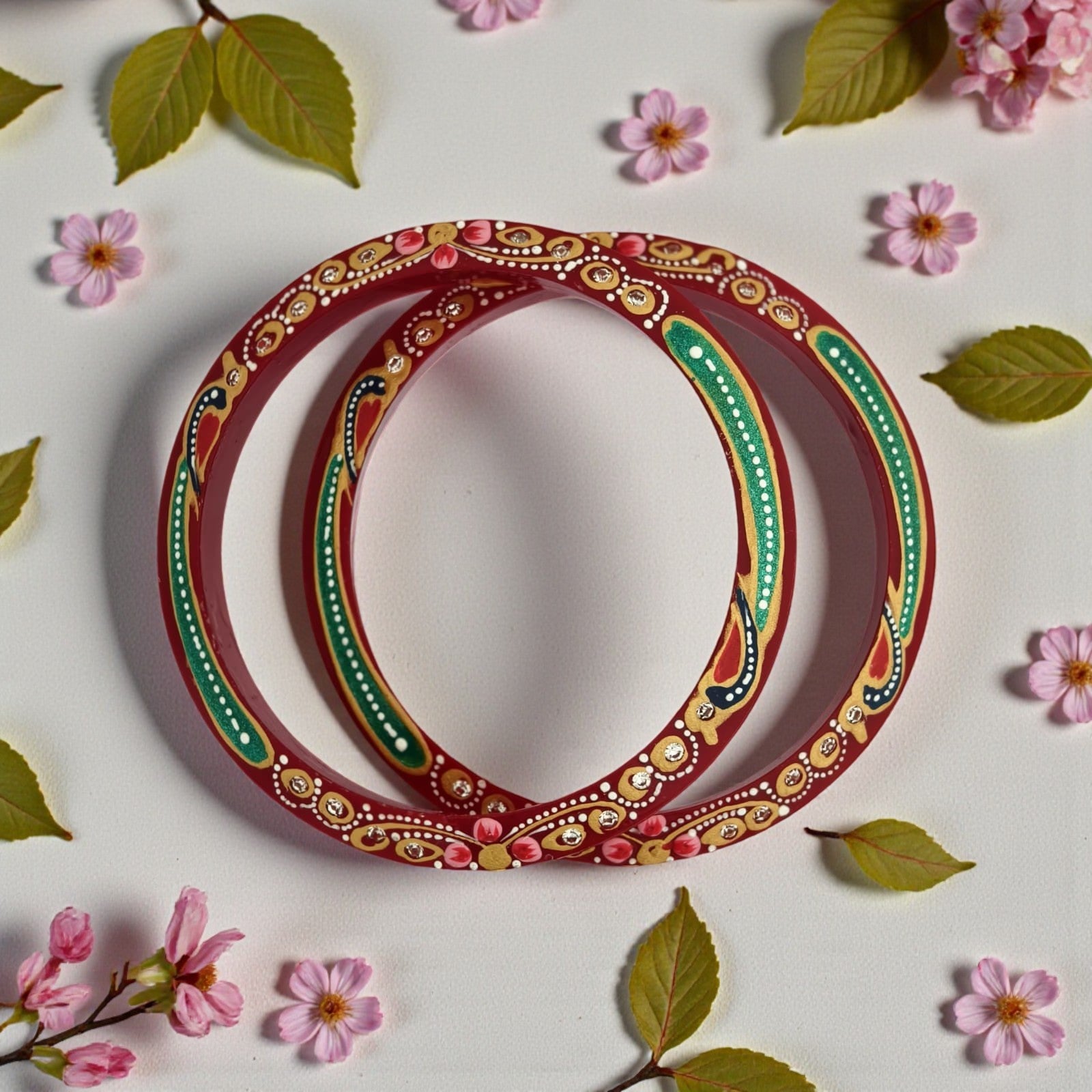 22kt (916) Yellow Gold Handmade Jodhpuri Printed Red Pola Bangles Flower Design for Women with Purity Certificate (Set of 2pcs)