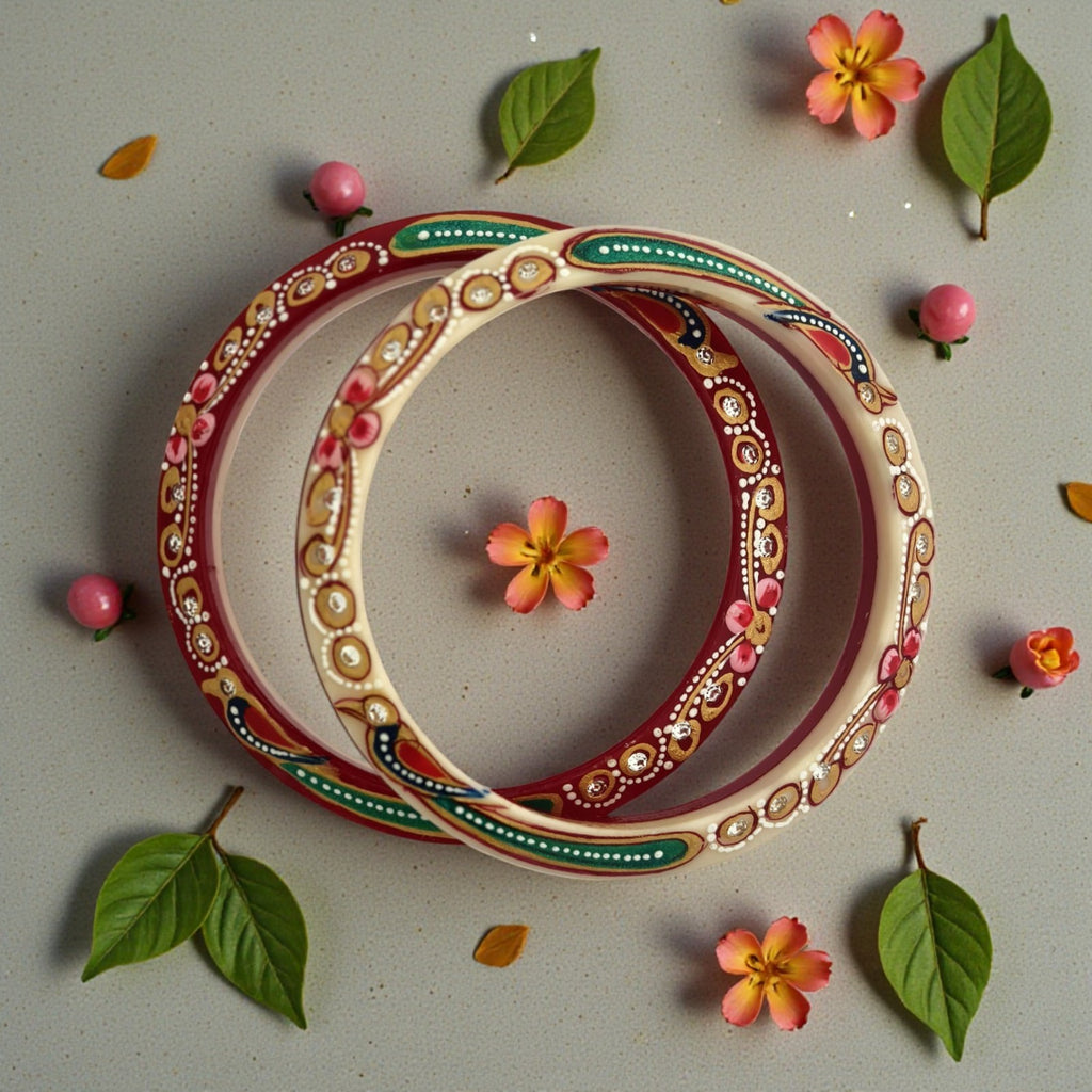22kt (916) Yellow Gold Handmade Jodhpuri Printed Red And Cream Pola Bangles Flower Design for Women with Purity Certificate (Set of 2pcs)