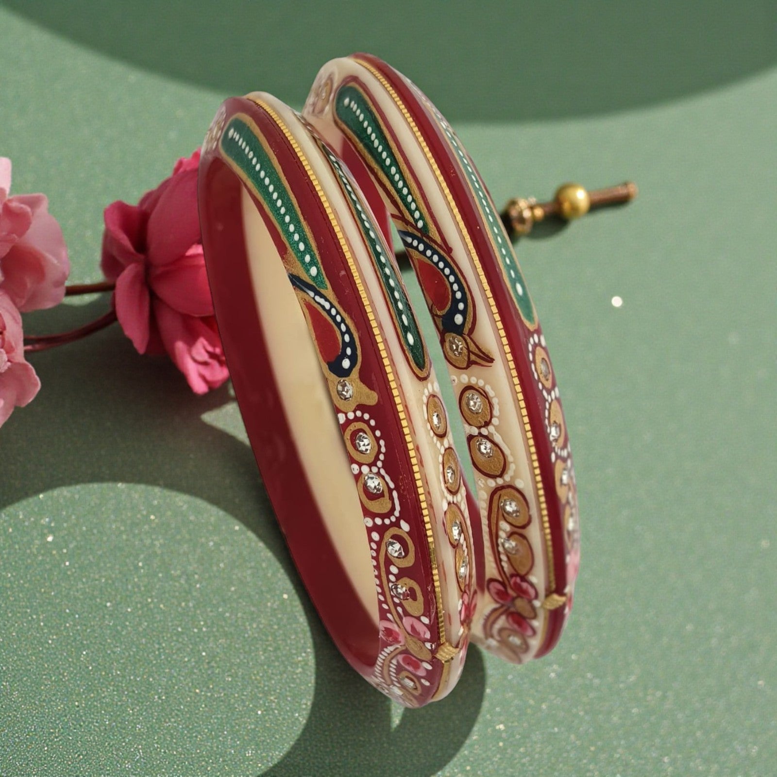 22kt (916) Yellow Gold Handmade Jodhpuri Printed Red And Cream Pola Bangles Flower Design for Women with Purity Certificate (Set of 2pcs)