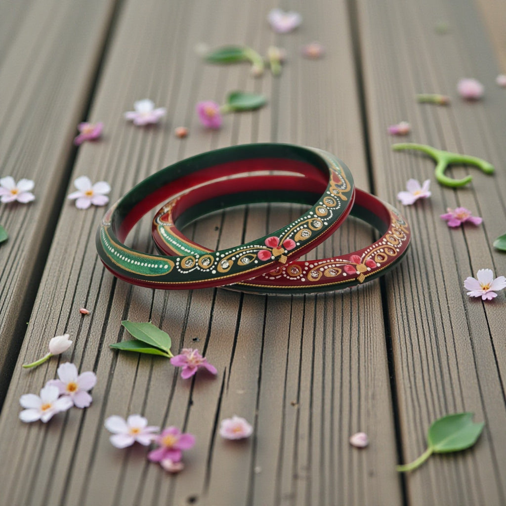 22kt (916) Yellow Gold Handmade Jodhpuri Printed Red And Green Pola Bangles Flower Design for Women with Purity Certificate (Set of 2pcs)