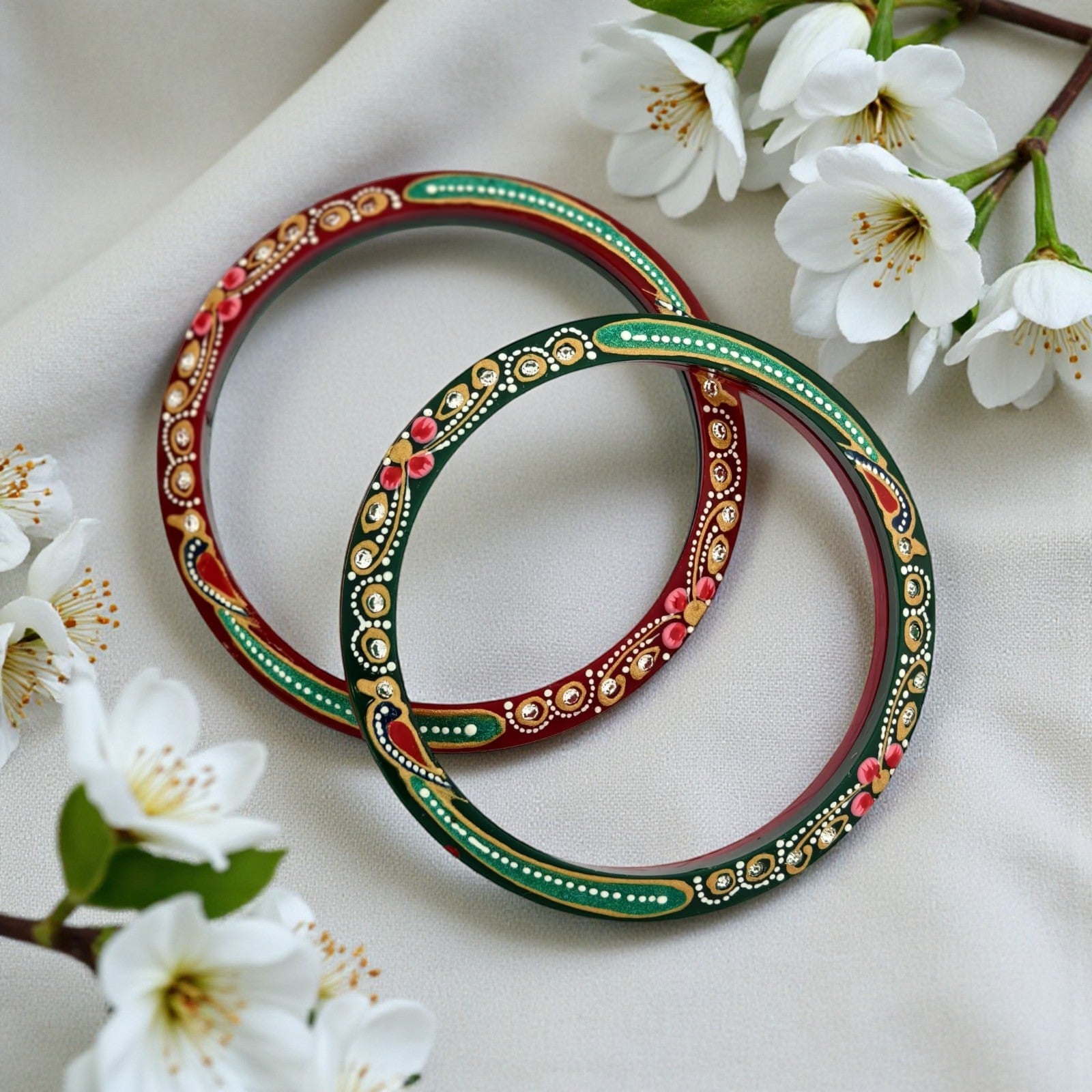 22kt (916) Yellow Gold Handmade Jodhpuri Printed Red And Green Pola Bangles Flower Design for Women with Purity Certificate (Set of 2pcs)