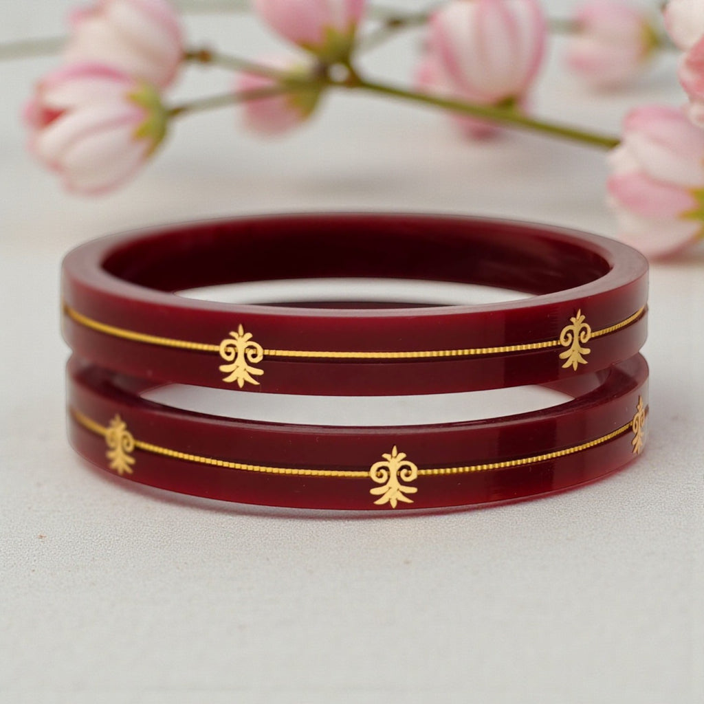 22kt (916) Yellow Gold Handmade Maroon Pola Bangles Flower Design for Women with Purity Certificate (Set of 2pcs)