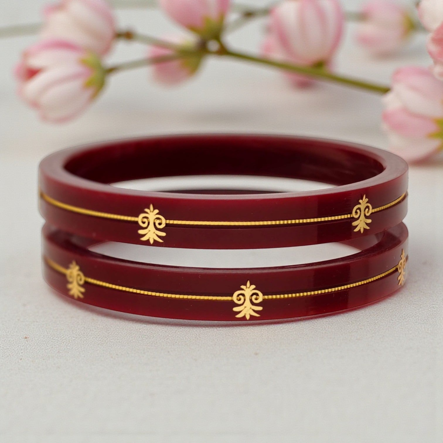 22kt (916) Yellow Gold Handmade Maroon Pola Bangles Flower Design for Women with Purity Certificate (Set of 2pcs)