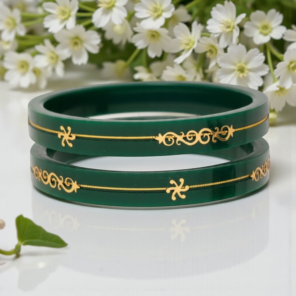 22kt (916) Yellow Gold Handmade Green Pola Bangles Flower Design for Women with Purity Certificate (Set of 2pcs)