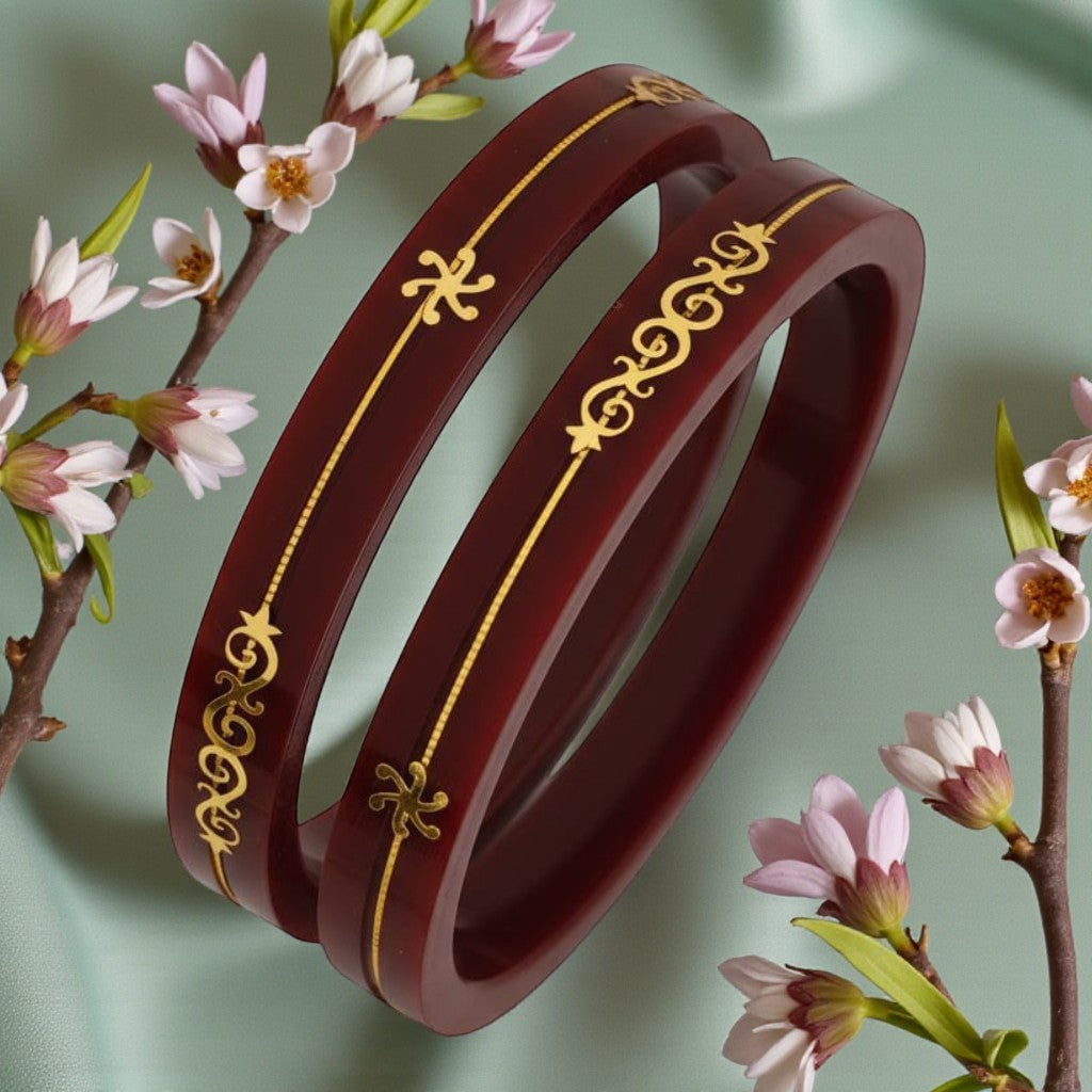 22kt (916) Yellow Gold Handmade Maroon Pola Bangles Flower Design for Women with Purity Certificate (Set of 2pcs)