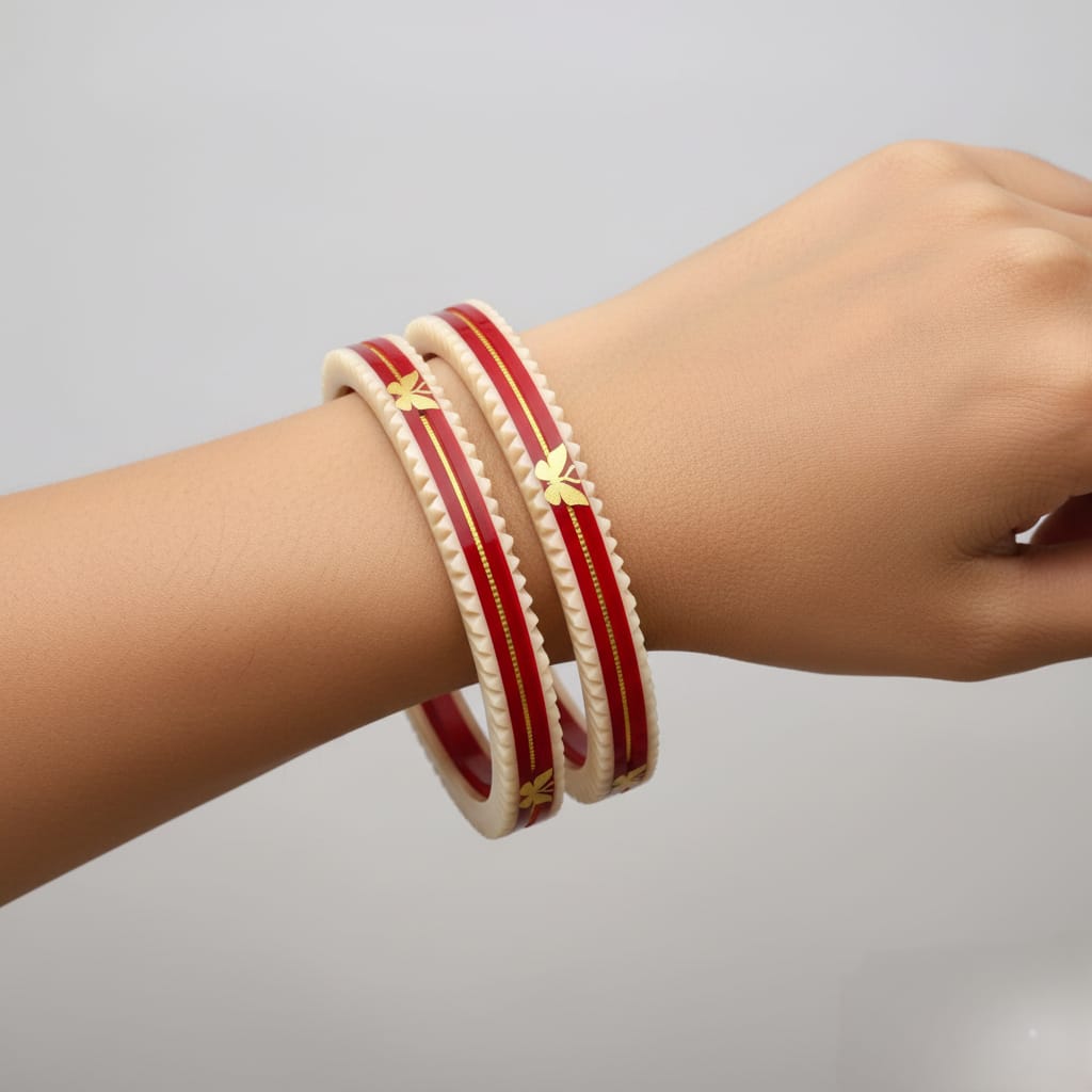 22kt (916) Yellow Gold Handmade Red And Cream Pola Bangles Flower Design for Women with Purity Certificate (Set of 2pcs)