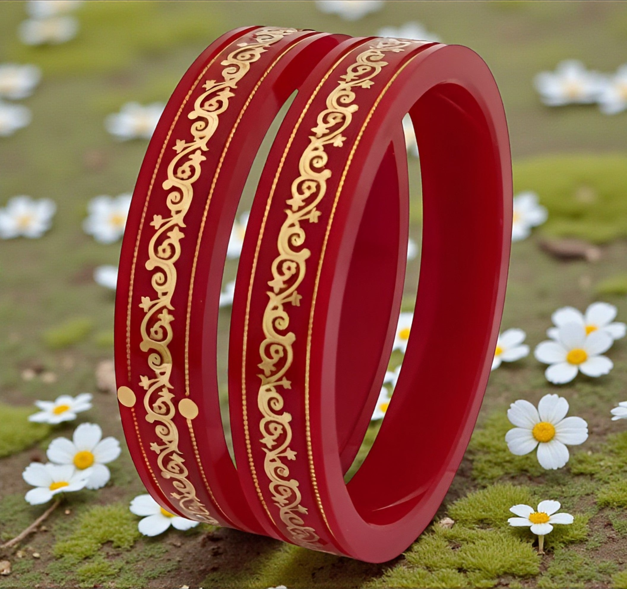 22kt (916) Yellow Gold Handmade Red Pola Bangles Flower Design for Women with Gold Purity Certificate (Set of 2pcs)