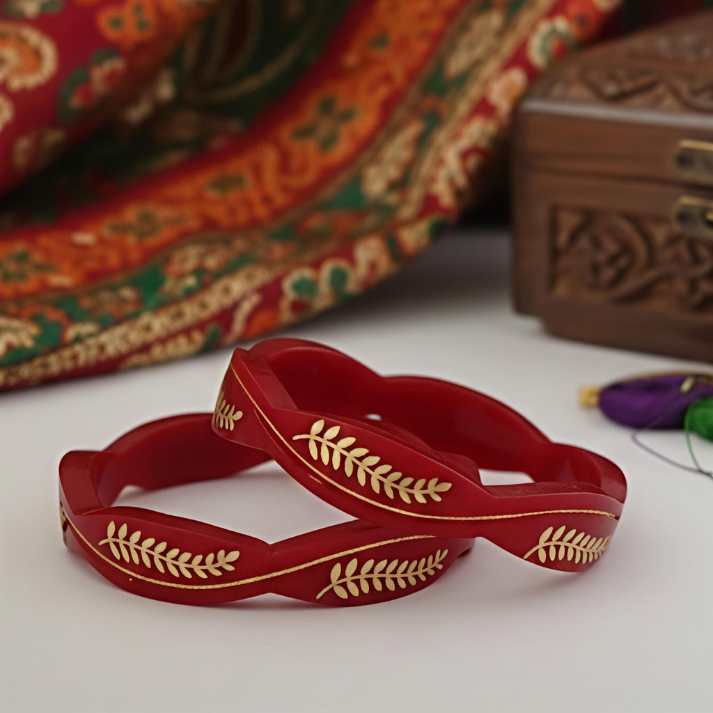 22kt (916) Yellow Gold Handmade Red Pola Bangles Flower Design for Women with Purity Certificate (Khajuri Red,Set of 2pcs)