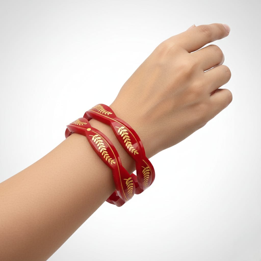 22kt (916) Yellow Gold Handmade Red Pola Bangles Flower Design for Women with Purity Certificate (Khajuri Red,Set of 2pcs)